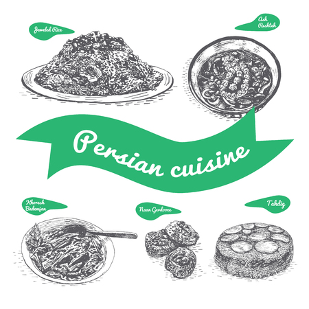 Monochrome vector illustration of Persian cuisine and cooking traditionsのイラスト素材