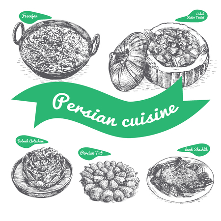 Monochrome vector illustration of Persian cuisine and cooking traditionsのイラスト素材