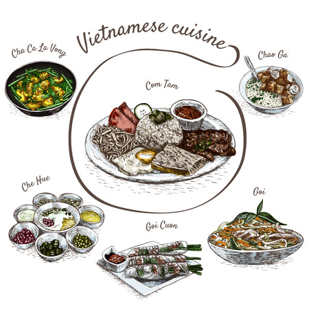Vietnamese menu colorful illustration. Vector illustration of Vietnamese cuisine.のイラスト素材