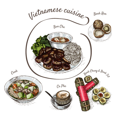 Vietnamese menu colorful illustration. Vector illustration of Vietnamese cuisine.のイラスト素材