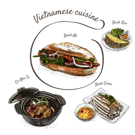 Vietnamese menu colorful illustration. Vector illustration of Vietnamese cuisine.のイラスト素材
