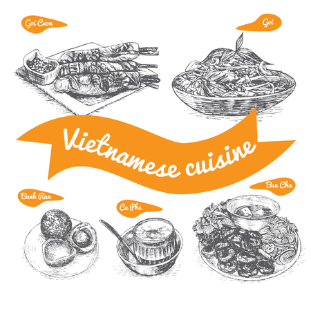 Monochrome vector illustration of Vietnamese cuisine and cooking traditionsのイラスト素材