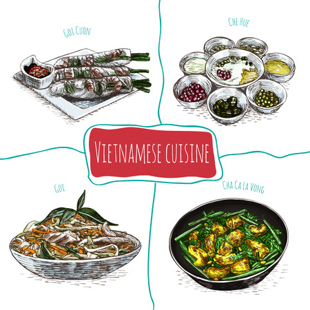 Vietnamese menu colorful illustration. Vector illustration of Vietnamese cuisine.のイラスト素材