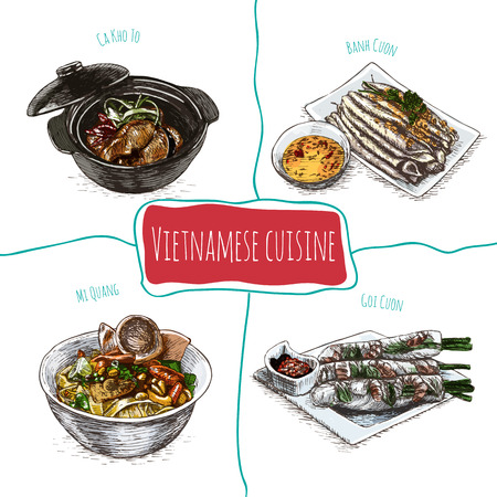 Vietnamese menu colorful illustration. Vector illustration of Vietnamese cuisine.のイラスト素材
