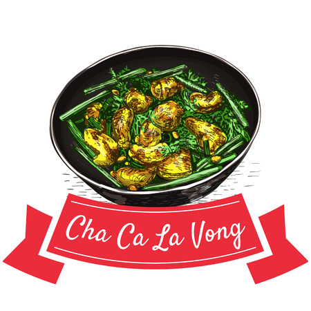 Cha Ca La Vong colorful illustration. Vector illustration of Vietnamese cuisine.のイラスト素材