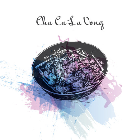 Cha Ca La Vong watercolor effect illustration. Vector illustration of Vietnamese cuisine.のイラスト素材