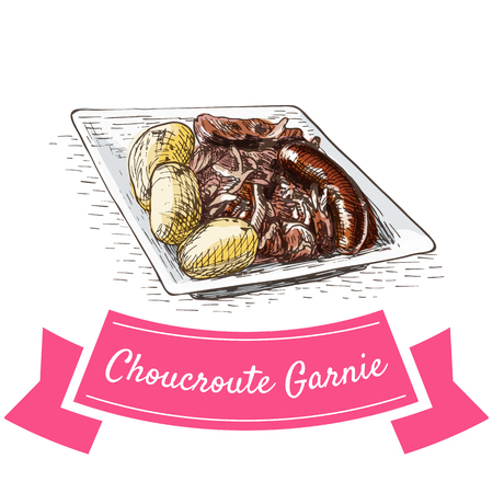 Choucroute Garnie colorful illustration. Vector illustration of French cuisine.のイラスト素材