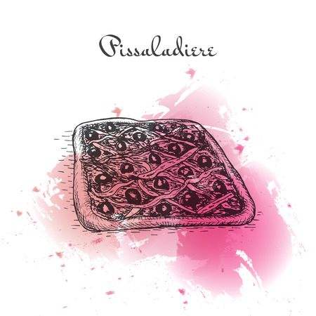 Pissaladier watercolor effect illustration. Vector illustration of French cuisine.のイラスト素材