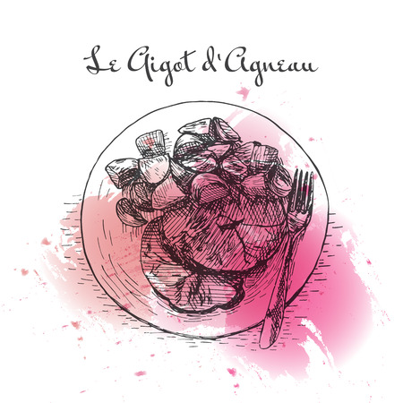 Le Gigot d'Agneau watercolor effect illustration. Vector illustration of French cuisine.のイラスト素材