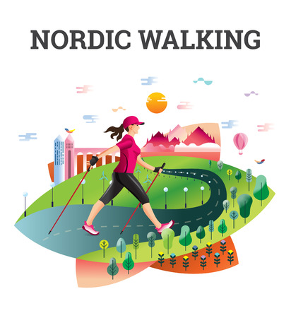 Vector illustrated card with Nordic Walking. The flat illustration of woman hiking in summer city.のイラスト素材