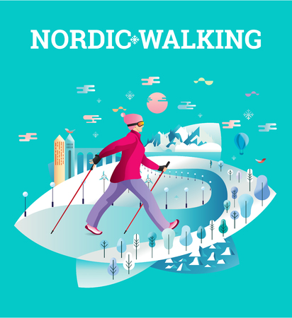 Vector illustrated card with Nordic Walking. The flat illustration of woman hiking in winter city.のイラスト素材