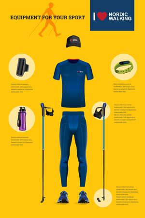 Vector illustration of set with Nordic Walking equipment. Realistic illustration of summer sport accessories and clothes for men.のイラスト素材