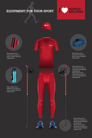 Vector illustration of set with Nordic Walking equipment. Realistic illustration of summer sport accessories and clothes for men.のイラスト素材