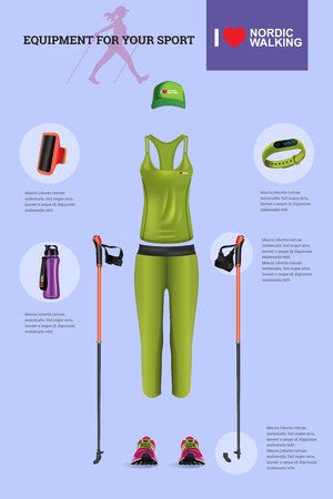 Vector illustration of set with Nordic Walking equipment. Realistic illustration of summer sport accessories and clothes for woman.のイラスト素材