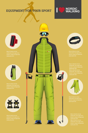 Vector illustration of set with Nordic Walking equipment. Realistic illustration of winter sport accessories and clothes for men.のイラスト素材