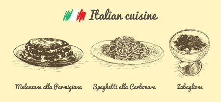 Italian menu monochrome illustration. Vector illustration of Italian cuisine.のイラスト素材