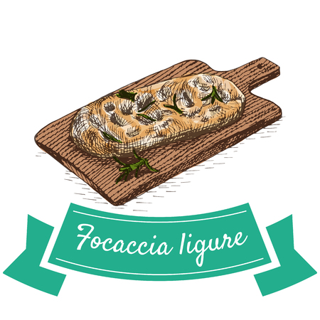 Focaccia ligure colorful illustration. Vector illustration of Italian cuisine.のイラスト素材