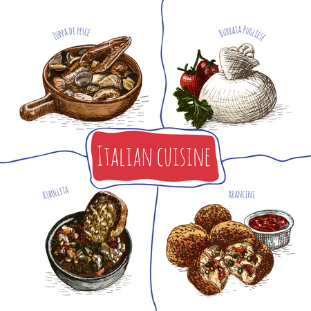 Italian menu colorful illustration. Vector illustration of Italian cuisine.のイラスト素材