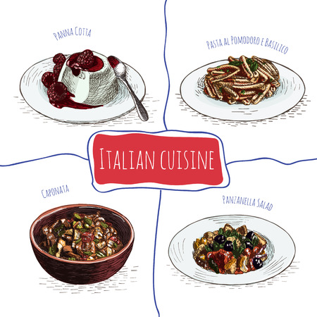 Italian menu colorful illustration. Vector illustration of Italian cuisine.のイラスト素材