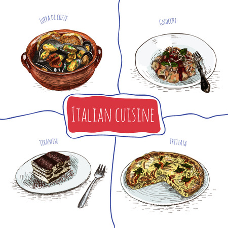 Italian menu colorful illustration. Vector illustration of Italian cuisine.のイラスト素材