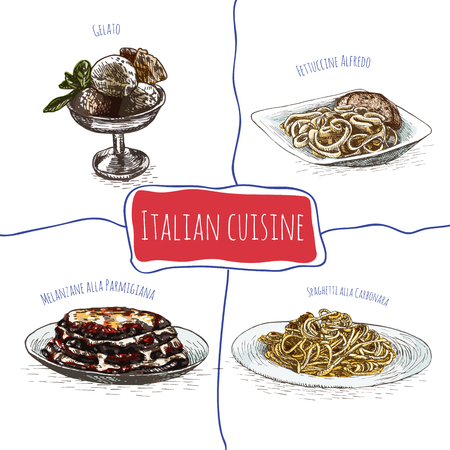 Italian menu colorful illustration. Vector illustration of Italian cuisine.のイラスト素材
