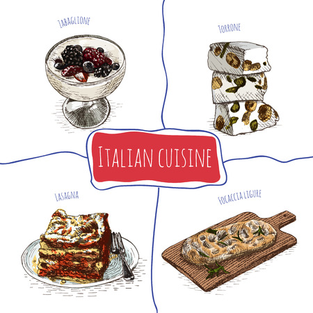 Italian menu colorful illustration. Vector illustration of Italian cuisine.のイラスト素材