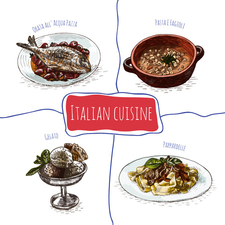 Italian menu colorful illustration. Vector illustration of Italian cuisine.のイラスト素材