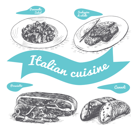 Monochrome vector illustration of Italian cuisine and cooking traditions.のイラスト素材