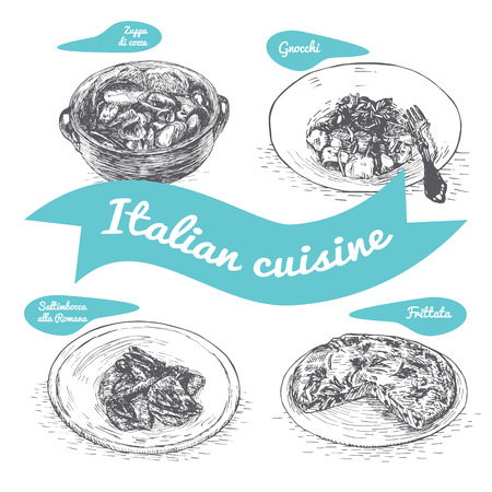Monochrome vector illustration of Italian cuisine and cooking traditions.のイラスト素材