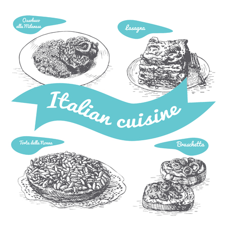 Monochrome vector illustration of Italian cuisine and cooking traditions.のイラスト素材