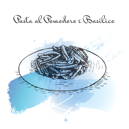 Pasta al Pomodoro e Basilico watercolor effect illustration. Vector illustration of Italian cuisine.のイラスト素材