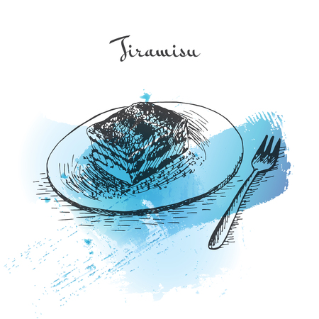 Tiramisu watercolor effect illustration. Vector illustration of Italian cuisine.のイラスト素材