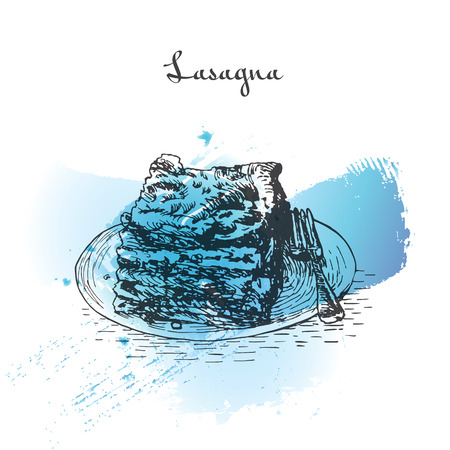 Lasagna watercolor effect illustration. Vector illustration of Italian cuisine.のイラスト素材