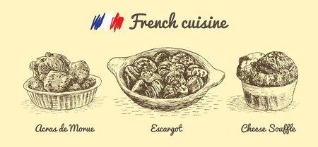 French menu monochrome illustration. Vector illustration of French cuisine.のイラスト素材