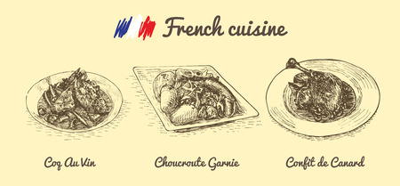French menu monochrome illustration. Vector illustration of French cuisine.のイラスト素材