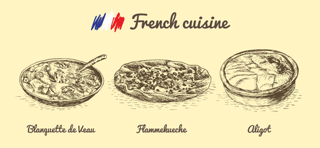 French menu monochrome illustration. Vector illustration of French cuisine.のイラスト素材