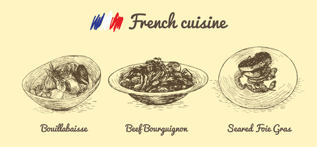 French menu monochrome illustration. Vector illustration of French cuisine.のイラスト素材