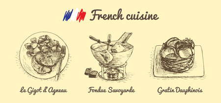 French menu monochrome illustration. Vector illustration of French cuisine.のイラスト素材