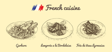 French menu monochrome illustration. Vector illustration of French cuisine.のイラスト素材