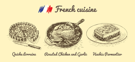 French menu monochrome illustration. Vector illustration of French cuisine.のイラスト素材