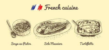 French menu monochrome illustration. Vector illustration of French cuisine.のイラスト素材
