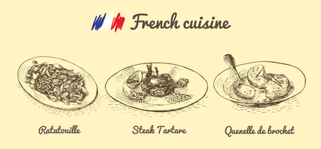 French menu monochrome illustration. Vector illustration of French cuisine.のイラスト素材
