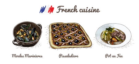 French menu colorful illustration. Vector illustration of French cuisine.のイラスト素材
