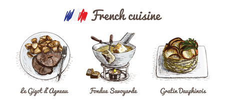 French menu colorful illustration. Vector illustration of French cuisine.のイラスト素材