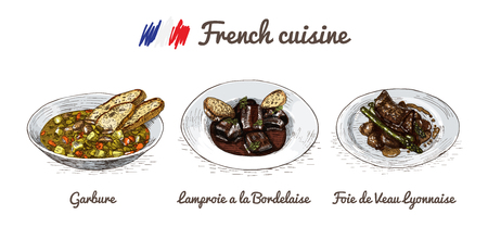 French menu colorful illustration. Vector illustration of French cuisine.のイラスト素材