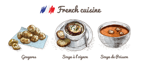 French menu colorful illustration. Vector illustration of French cuisine.のイラスト素材