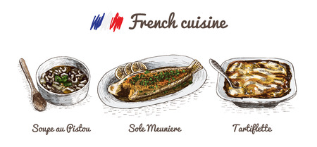 French menu colorful illustration. Vector illustration of French cuisine.のイラスト素材