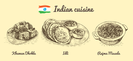 Indian menu monochrome illustration. Vector illustration of Indian cuisine.のイラスト素材