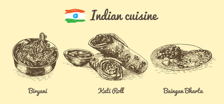 Indian menu monochrome illustration. Vector illustration of Indian cuisine.のイラスト素材