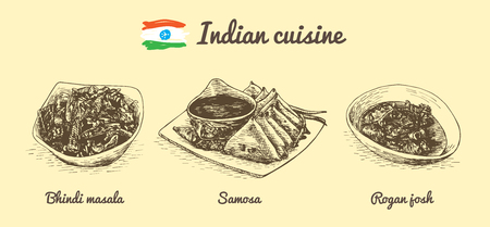 Indian menu monochrome illustration. Vector illustration of Indian cuisine.のイラスト素材